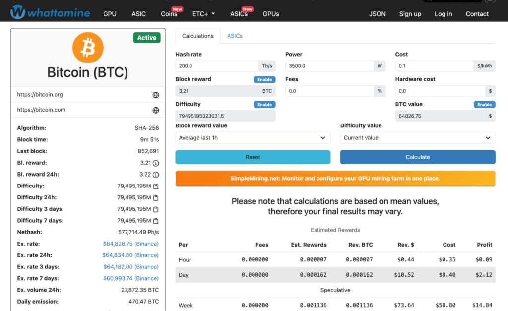 bitcoin mining calculator